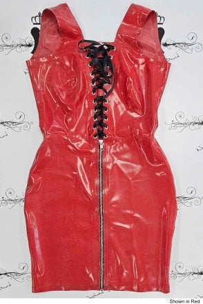 R0823 Boudoir Betty Lace-Up Zip-Front Latex Dress. Sizes still available: UK 14