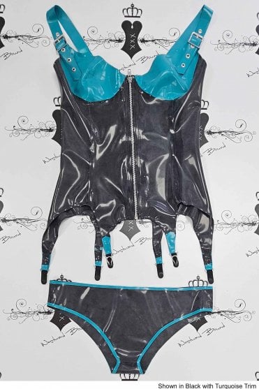 R0847 / R1981 Kimberley Latex Buckle Corselet and Crush Briefs. Sizes still available: UK 12