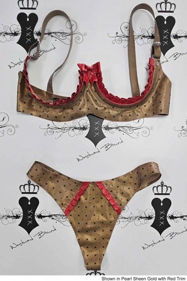 R0934 & R0719 Hearts and Dots Rosalie Frill-Trim Underwired Latex Bra & Thong Set. Sizes still available: UK 36C/M