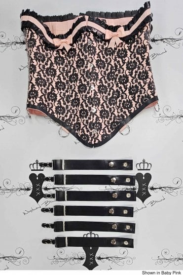 R1069 Amélie Frills & Bows Lace Latex Underbust Corset. Sizes still available: UK 08, 16, 18