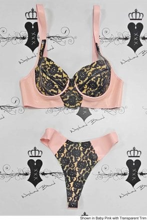 R1077 / R1073 Bordelle-L'Amour Latex Underwired Bra and Thong Set. Sizes still available: UK 32B/S, 34C/S, 36DD/M