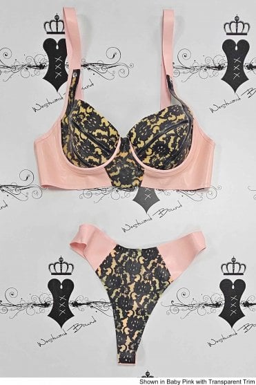 R1077 / R1073 Bordelle-L'Amour Latex Underwired Bra and Thong Set. Sizes still available: UK 32B/S, 34C/S, 36DD/M