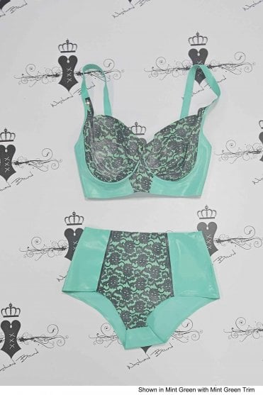 R1077 / R2349 Bordelle-L'Amour Latex Underwired Bra with matching Briefs. Sizes still available: UK 32GG/S