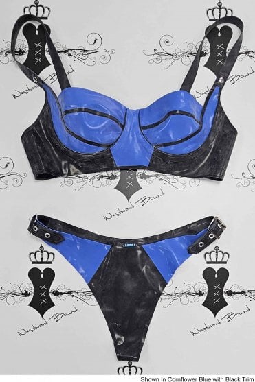R1091 / R0105 Hollywood Latex Underwired Bra and Buckle Side Thong Set. Sizes still available: UK 38C/L