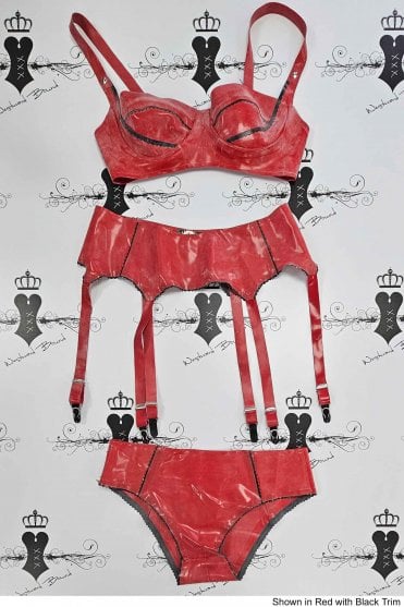 R1106 / R1103 / R1297 Morgana L'Amour Latex Bra Suspender Belt and Briefs Set. Sizes still available: UK 32D/08, 36D/12