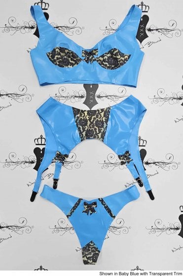 R1170, R1172 & R1173 Bordelle-L'Amour Peek Latex Bra, Suspender Belt & Thong Set. Sizes still available: UK 36C/12