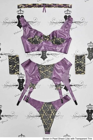 R1172, R1173,  R1073, R1595 & R1655  Bordelle-L'Amour Peek Latex Bra, Suspender Belt, Thong, Mitts & Collar Set. Sizes still available: UK 34D/M