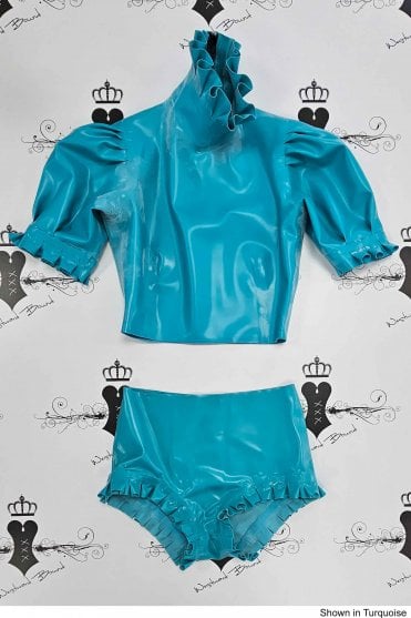 R1404 / R1690 Cropped Damoiselle Latex Top with matching Briefs. Sizes still available: UK 08