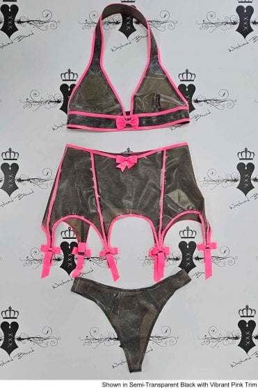 R1537 / R1603 / R0105 Trimmed Jolie Clavage Latex Bra with matching Thong and Suspender Belt. Sizes still available: UK 36C/12