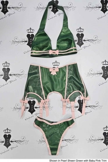 R1537 / R1603 / R0165 Jolie Clavage Latex bra with matching Briefs and Suspender Belt. Sizes still available: UK 34C/10