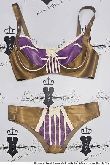 R1566 / R1567 Cheeky-Pie Latex Underwired Bra & Briefs Set. Sizes still available: UK 36DD/M