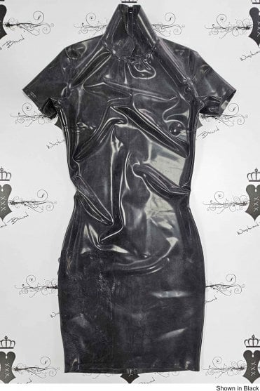 R1592 Oh La La Mandarin Collar Latex Mini Dress. Sizes still available: UK 10