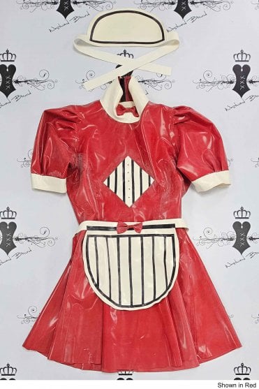 R1645 Missy Maid's Latex Uniform-Inspired Dress. Sizes still available: UK 10