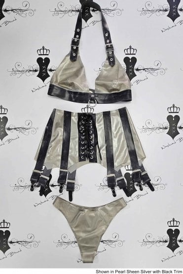 R1855, R0159 & R0105 Switch Latex Bra, Deep Eight Suspender Belt & Thong Set. Sizes still available: UK 34C/08