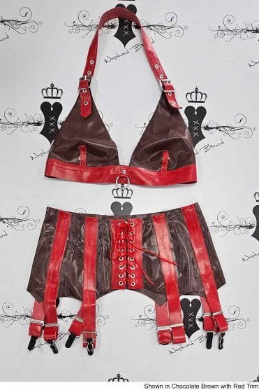 R1855 / R0159 Switch Latex Bra and Deep Eight Suspender Belt. Sizes still available: UK 36C/12