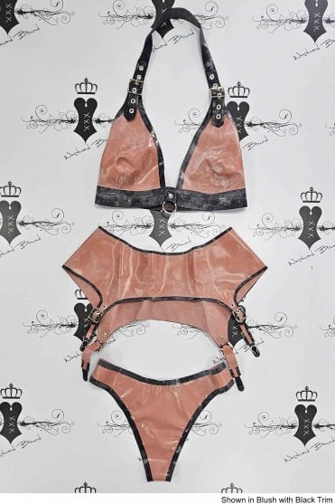 R1855, R0873 & R0165 Switch Latex Bra, Suspender Belt (No Buckle Back) and Thong. Sizes still available: UK 36D/14