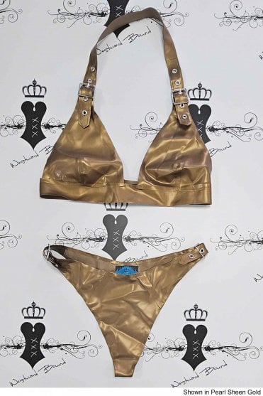R1855 Switch Latex Bra (no O-ring) and Buckle Thong Set. Sizes still available: UK 36B/M