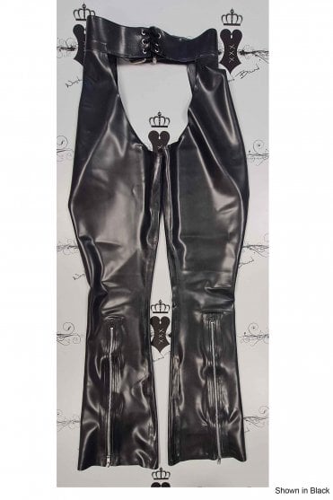 R1897 Lace-Up Front Latex Chaps. Sizes still available: UK 10
