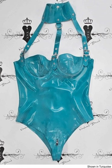 R1984 OMG Buckle-Strap Latex Leotard. Sizes still available: UK 12/36C