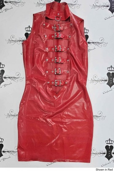 R1988 Scandal Buckle Latex Dress. Sizes still available: UK 16