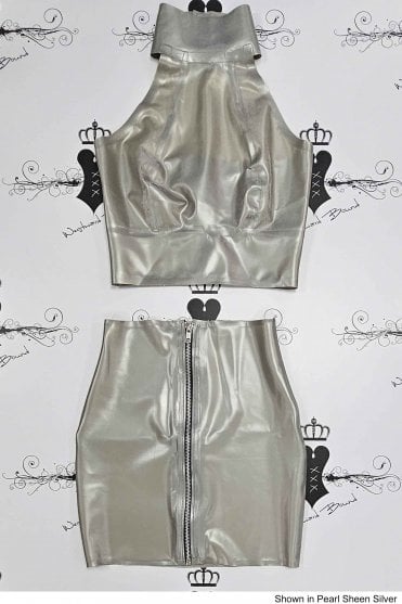 R2102 / R0407 Crush Latex Top with Zip front Mini Skirt. Sizes still available: UK 06