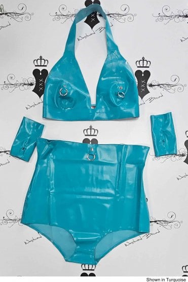R2312, R2313 & R1471 Ring Embrace Latex Bra, Briefs and Mitts Set. Sizes still available: UK 34DD/12