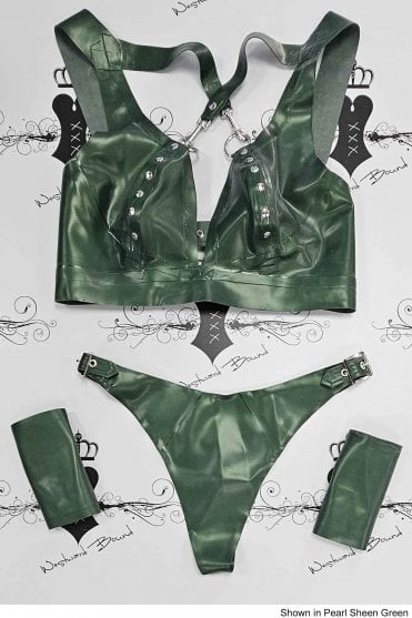 R2407, R1471, & R0105 Runway Latex Bra with Buckle Side Thong and Mitts. Sizes still available: UK 36DD/M