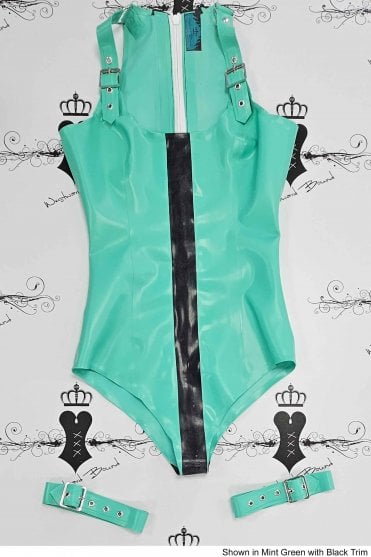 R2411 / R2448 Caress Latex Leotard with Front and Back Stripe & Single Buckle Thigh Cuffs. Sizes still available: UK 10