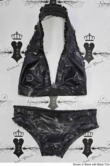 R2429 / R2430 Jesse Ruffle Latex Bra and Briefs Set. Sizes still available: UK 34D/M