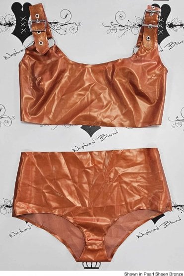 R2449 / R1690 Whistle Buckle Crop Latex Top and Briefs Set. Sizes still available: UK 12