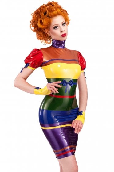 Westward Bound Rainbow Latex Dress in the fixed multi-coloured design, front view showing the high stand collar, puff sleeves, waist bow and graphic panel constructio