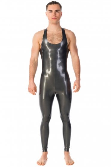 Westward Bound Riccardo Scoop-Neck Men's Latex Catsuit in Pearl Sheen Pewter, front full-length view showing the sleeveless deep scoop neckline, broad shoulder straps and streamlined full-length silhouette