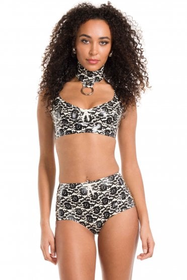 Westward Bound Sanctum Lace-Print Latex Bra in Warm White with Warm White Trim, front view showing the Bordelle-L’Amour lace print, broad shoulder straps, scoop neckline and centre-front bow
