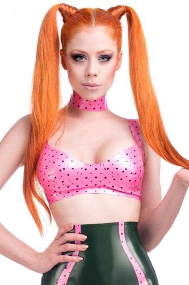 Westward Bound Snooty Galore Heart-Print Latex Bra in Pearl Sheen Fuchsia, front view showing the shaped cups, broad shoulder straps and distinctive heart-and-dot print