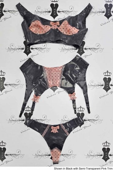 Special - Prototype Hearts and Dots Peek Latex Bra, Suspender Belt & Thong Set. Sizes still available: UK 38D/16
