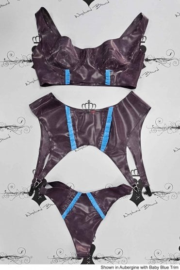 Special - Prototype R0096, R0114, R0105 Frill Latex Bra, Thong and Suspender Belt. Sizes available: UK 32D/8, 36C/14