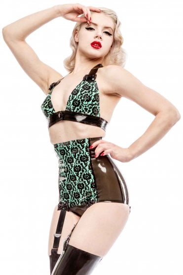 Westward Bound Vroom Vroom Vargas Suspender Latex Briefs in Semi-Transparent Black with Mint Green Trim, front view showing the lace-effect centre panel, retro high waist, bow accents and four suspender straps